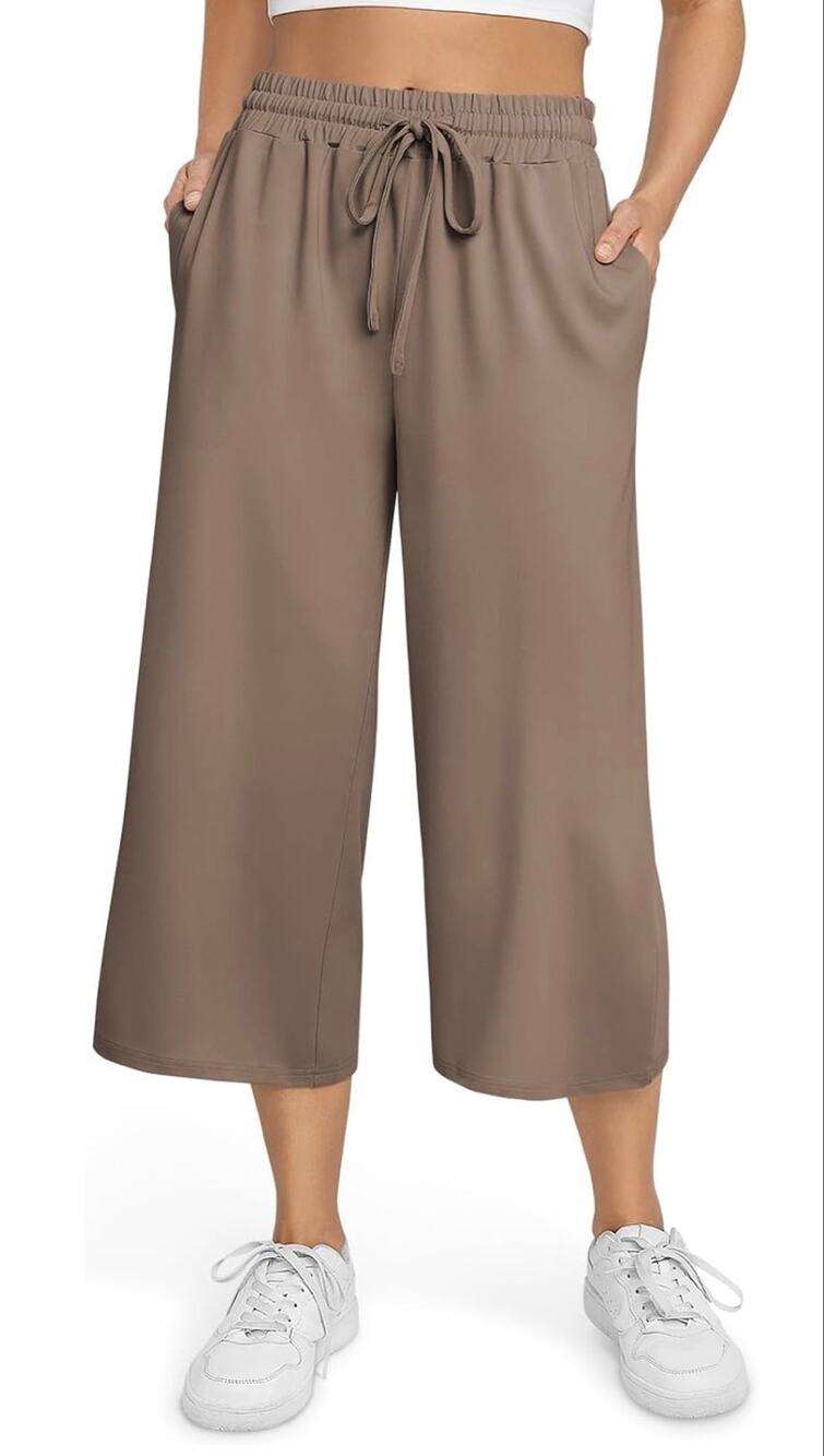 Tarse Summer High Waisted Wide Leg Yoga Capri Pants Brown XL Casual Sweatpants